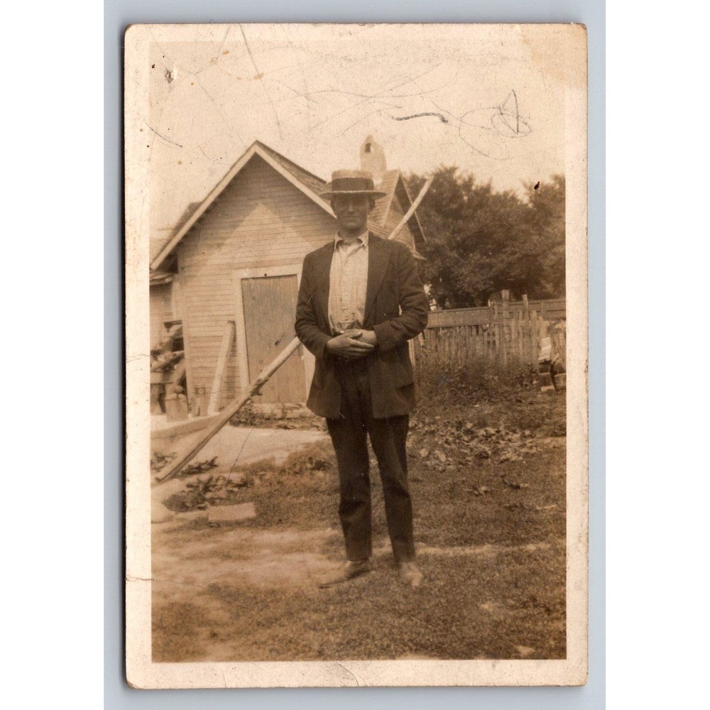 Man in Hat 1920s Snapshot Photograph Outdoor Portrait Mr Edward Raynor